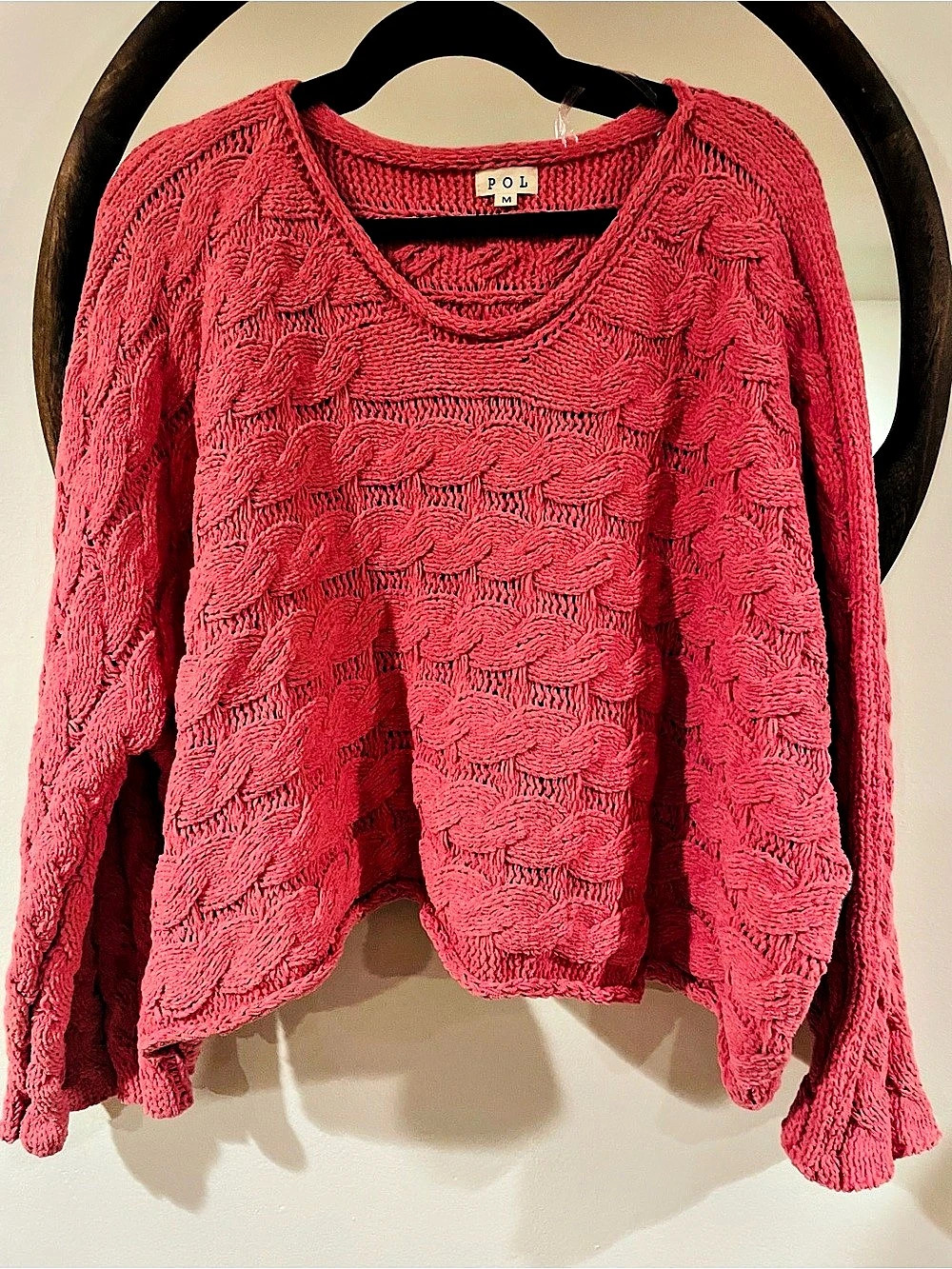 POL Chunky Cable Knit Cropped Sweater Pink Medium